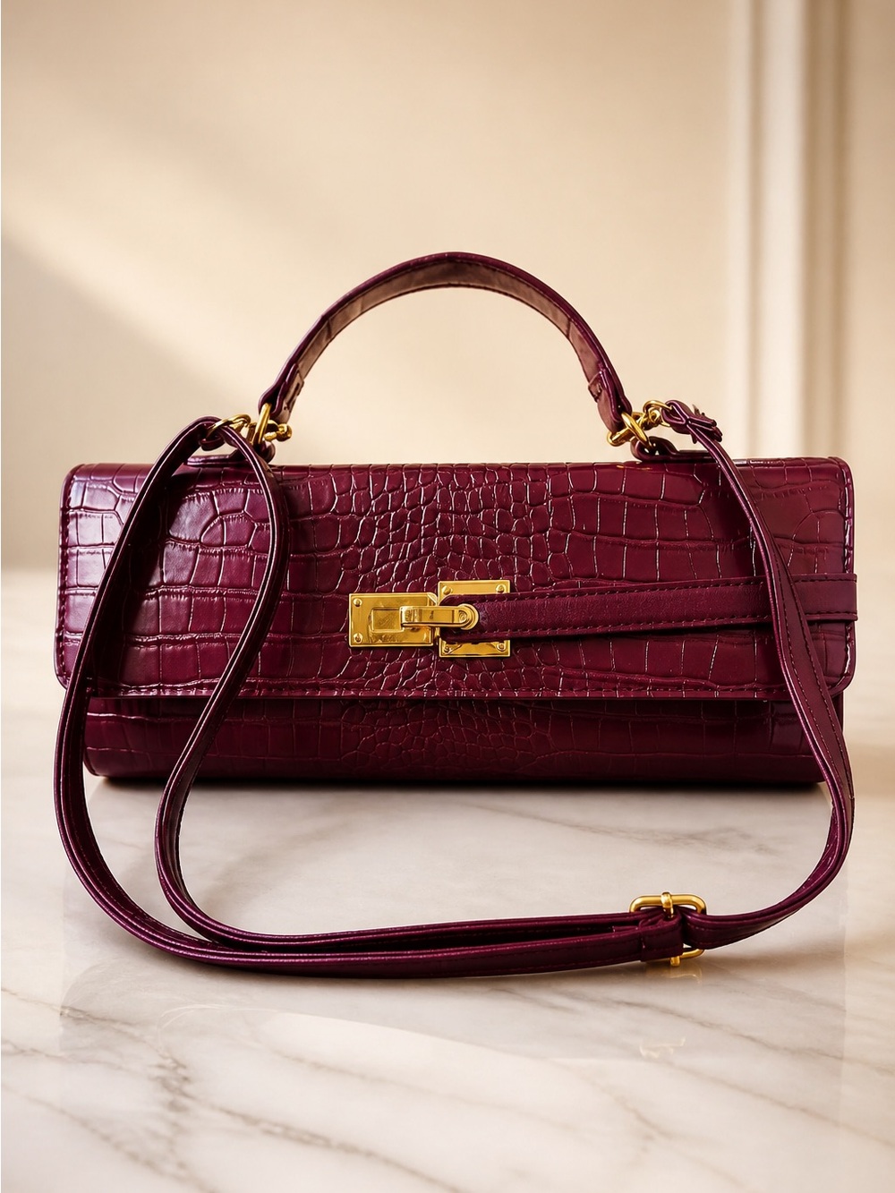 Structured Top-Handle Croc-Embossed Bag in Burgundy - Picture 2 of 6